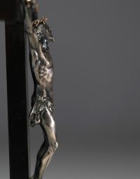 Christ on the Cross in solid silver, gold and rubies, Pontifical hallmark, Rome, late 17th century.
