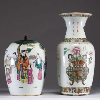 Chine - Ensemble composé d'un vase et d'un pot à gingembre en porcelaine polychrome famille rose, époque XIXème.