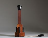 Pied de lampe Art Déco moderniste en différentes essences de bois, travail belge, vers 1920-30.