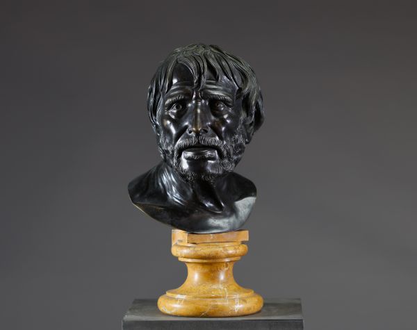Buste de Sénèque en bronze à patine brun foncé sur socle en marbre jaune de Sienne, Italie, XVIII-XIXème.