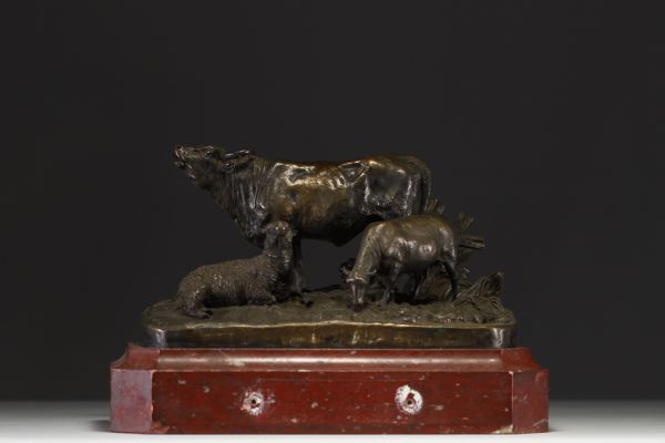 Jacques FROMENT-MEURICE (1864-1948) ‘La vache, le veau et le mouton’ Brown patina bronze sculpture, signed.