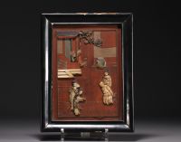 Chine - Ensemble de trois cadres en pierre dure et jade. XIXème.