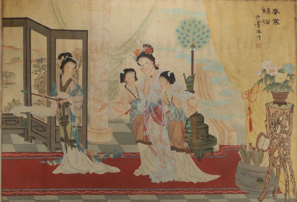 Chine - Peinture à l'encre et couleur sur soie représentant des élégantes.