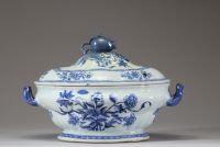 Chine – Légumier couvert en porcelaine bleu blanc, décor floral, prise en forme de fruit, dynastie Qing, XVIIIe siècle