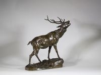 Charles Valton (1851-1918) – Importante sculpture animalière en bronze : Le Brâme du cerf