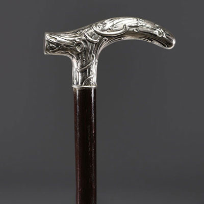 Art Nouveau cane in sterling silver with a snake motif in the branches, hallmarked 800.