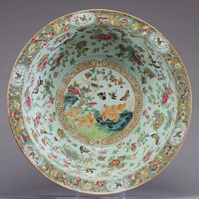 Chine - Grand bassin en porcelaine polychrome de Canton à décor central de chiens de Fô, de volatiles, de papillons et de fleurs.