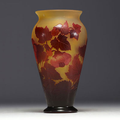 Émile GALLÉ (1846-1904) Acid-etched multi-layered glass vase with abutilon design, signed.