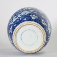 Chine, rare potiche en porcelaine bleue et blanche à décor de qilin dans des cartouches sur fond de prunus fleuris, marque au double cercle, dynastie Qing, XIXe siècle