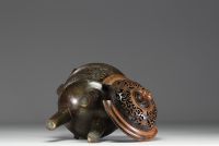 China - Carved bronze perfume burner, wooden lid.
