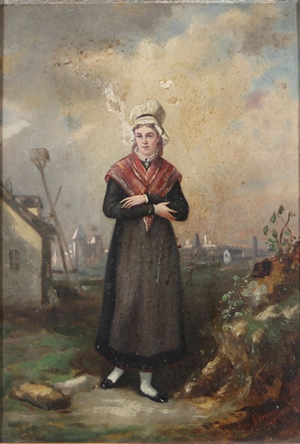 École populaire flamande ou hollandaise, XIXᵉ siècle Jeune femme en costume traditionnel dans un paysage portuaire