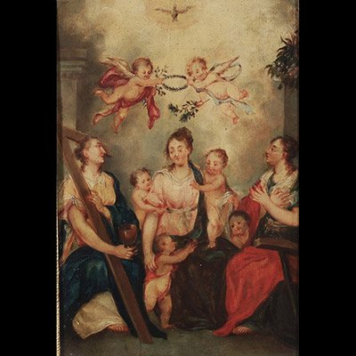 La Sainte Famille entourée de saints et anges Huile sur toile,  fin XVIIe – début XVIIIe siècle  dans un cadre en bois doré à décor de perles.