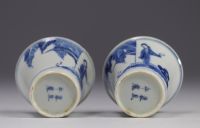Paire de tasses en blanc et bleu à décor de personnages de la fin du XIXe siècle