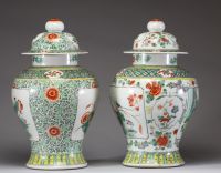 Paire de pots couverts en porcelaine polychrome de Chine, à décor floral 
