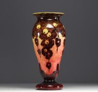Le Verre Français - Acid-etched multi-layered glass vase with oak decor, signed.