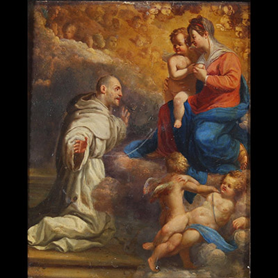 Représentation de la Vierge à l’Enfant avec saint dominicain en adoration .Ecole italienne ou espagnole, XVIIIe siècle