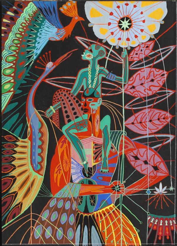 Papa Ibra Tall (1935-2015) Projet préliminaire de la tapisserie « Njaay » ou « Féerie de la brousse »Gouache sur papier noir, vers 1965. 