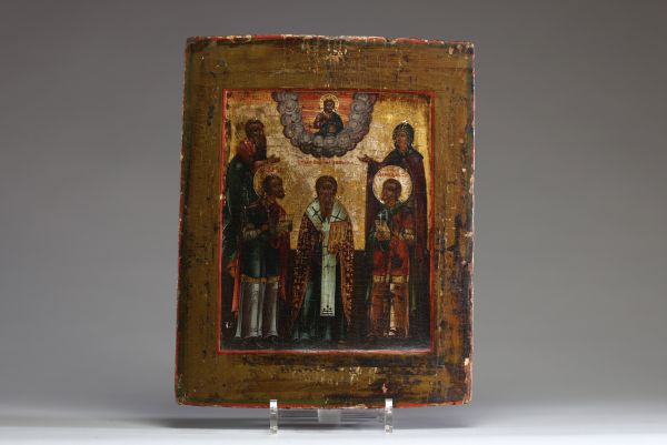 Russie - Icône aux Cinq Saints, tempera et or sur panneau de bois, XIXème.