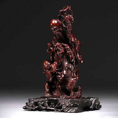 Chine - Sculpture en bois représentant Shou Lao et un enfant, vers 1900.
