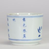 Tasse en porcelaine de Chine bleu et blanc, décor de fleurs et calligraphie, marque Yongzheng