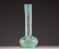 DAUM Nancy - High vase in frosted acid-etched green glass, decorated with flowers, signed under the base, circa 1900.