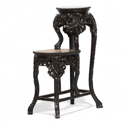 China - Carved and openwork zitan wood double-tiered saddle with marble top, 19th century.