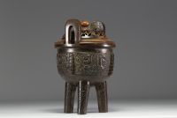 China - Carved bronze perfume burner, wooden lid.