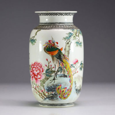 China - Polychrome porcelain vase with floral and bird decoration, Republic period.