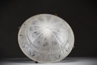 MULLER Frères Lunéville - Lampe de table Art Déco, pied et coupole en verre moulé pressé stylisé, double éclairage, signée Muller Frères Lunéville.