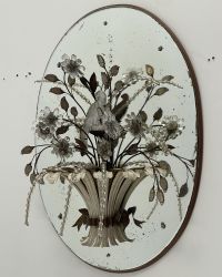Maison Bagues - Rare pair of large sconces forming baskets of flowers in metal and glass topped with moulded glass parrots.