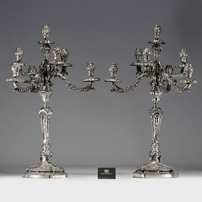 Imposing pair of Louis XVI candelabra with seven luminous points in solid silver, lion and 800 hallmarks.