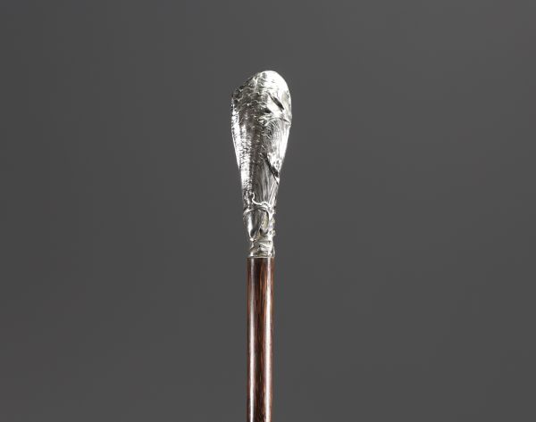 Art Nouveau silver cane with a mould and seaweed motif.