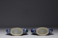 China - Pair of blue-white gourd vases decorated with figures at play, chimera handles, 19th century.
