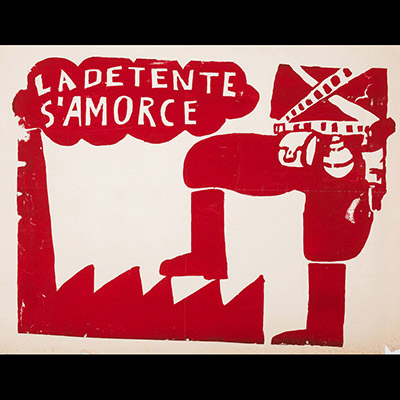 Mai 68 – La détente s’amorce  Affiche originale réalisée en sérigraphie couleur rouge. École Nle Supérieure des Beaux-Arts, toute sa marge non coupée, traces de plis, déchirures. Non entoilée  63X88 cm