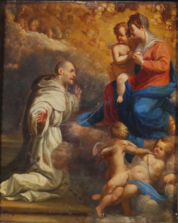 Représentation de la Vierge à l’Enfant avec saint dominicain en adoration .Ecole italienne ou espagnole, XVIIIe siècle