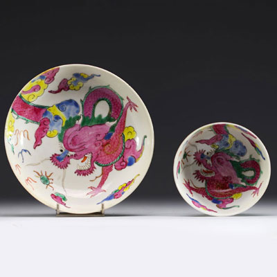 China - Bowl and plate in pink family polychrome porcelain decorated with dragons.