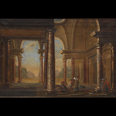 Attribué à un suiveur de Viviano Codazzi (1604–1670) Caprice architectural animé Huile sur toile.