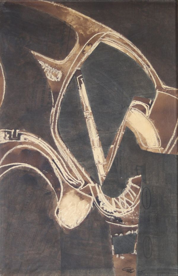 Gaston Xhardez (1924-1996)  Collage et encre, composition abstraite, signée et datée 1965  Cette œuvre fascinante de Gaston Xhardez (1924-1996), réalisée en 1965, combine habilement la technique du collage et de l'encre pour créer une composition abstraite dynamique. L'artiste, connu pour son exploration des formes et des textures, utilise ces médiums pour jouer avec les contrastes visuels, créant