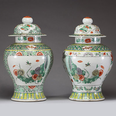 Paire de pots couverts en porcelaine polychrome de Chine, à décor floral 