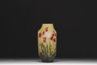 DAUM Nancy - Rhombus vase in acid-etched multilayer glass with enameled floral decoration, signed.