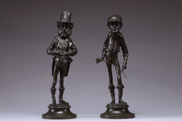 Émile GUILLEMIN (1841-1907) Suite de deux personnages grotesques en bronze patiné dans le style Daumier, signés sur la terrasse.