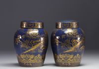 Paire de vases couverts en porcelaine bleu poudré, à décor de coqs et de fleurs à l'or, dynastie Qing, XIXe siècle.