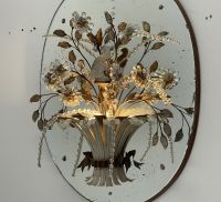 Maison Bagues - Rare pair of large sconces forming baskets of flowers in metal and glass topped with moulded glass parrots.