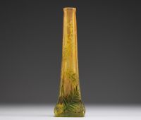 DAUM Nancy - Vase soliflore in acid-etched powder-coated glass with enamelled mimosa decoration, signed.