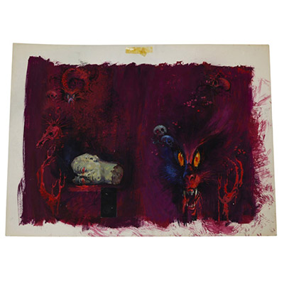 Henri Lievens (1920–2000) – Gouache originale – Projet de couverture pour La Malvenue et autres récits diaboliques Claude Seignolle – Marabout Fantastique n°G215, 1965 Œuvre originale unique – Illustration préparatoire publiée  Artiste : Henri Lievens (1920–2000) Titre : La Malvenue Auteur du livre : Claude Seignolle Éditeur : Éditions Gérard / Bibliothèque Marabout – Collection Fantastique Numéro