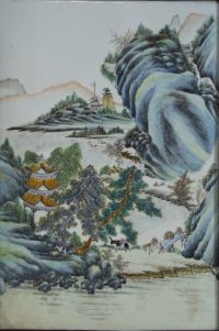 China - Large polychrome porcelain plate decorated with a mountain landscape, Republic period.