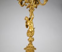 Très belle paire de candélabres à cinq feux en bronze doré et patiné à décor de faune et faunesse, XIXème.