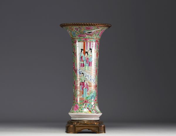 China - A Canton porcelain vase decorated with characters, bronze mounting. 19th-20th century.