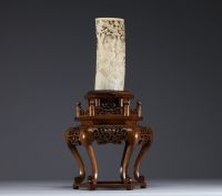 Japan - Carved ivory vase on a wooden base Meiji period circa 1900.