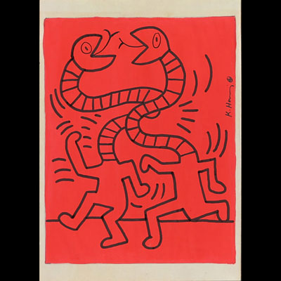 Keith HARING (1958-1990) Sans titre, 1984, peinture sur papier A4, cachets The Keith Haring Estate - Nakamura Keith Haring Collection - MoMa - The Keith Haring Foundation inc.